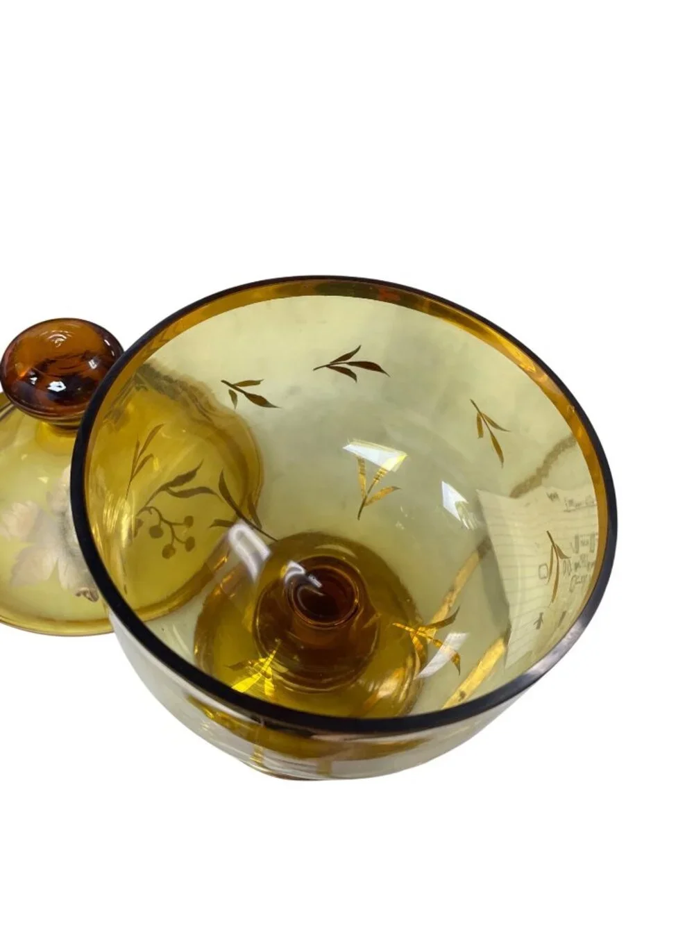 Romanian Vintage amber glass gold leaf pedestal candy dish SKU 140-814